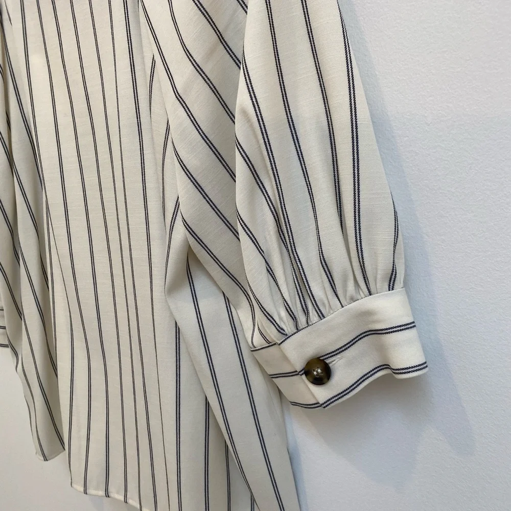 Zara Cream Striped Button-Front Puff Sleeve Top